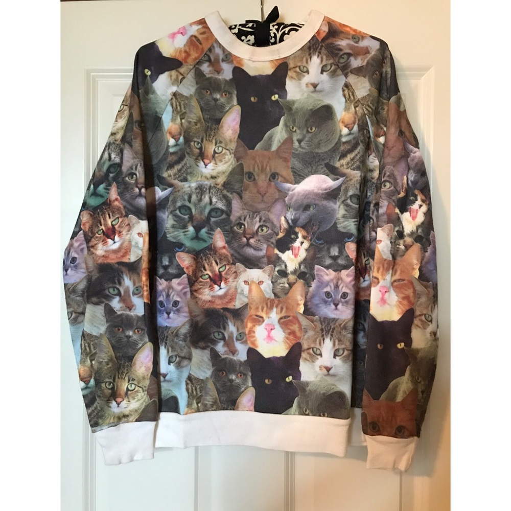 Crewneck Cat Print fleece lined Sweater